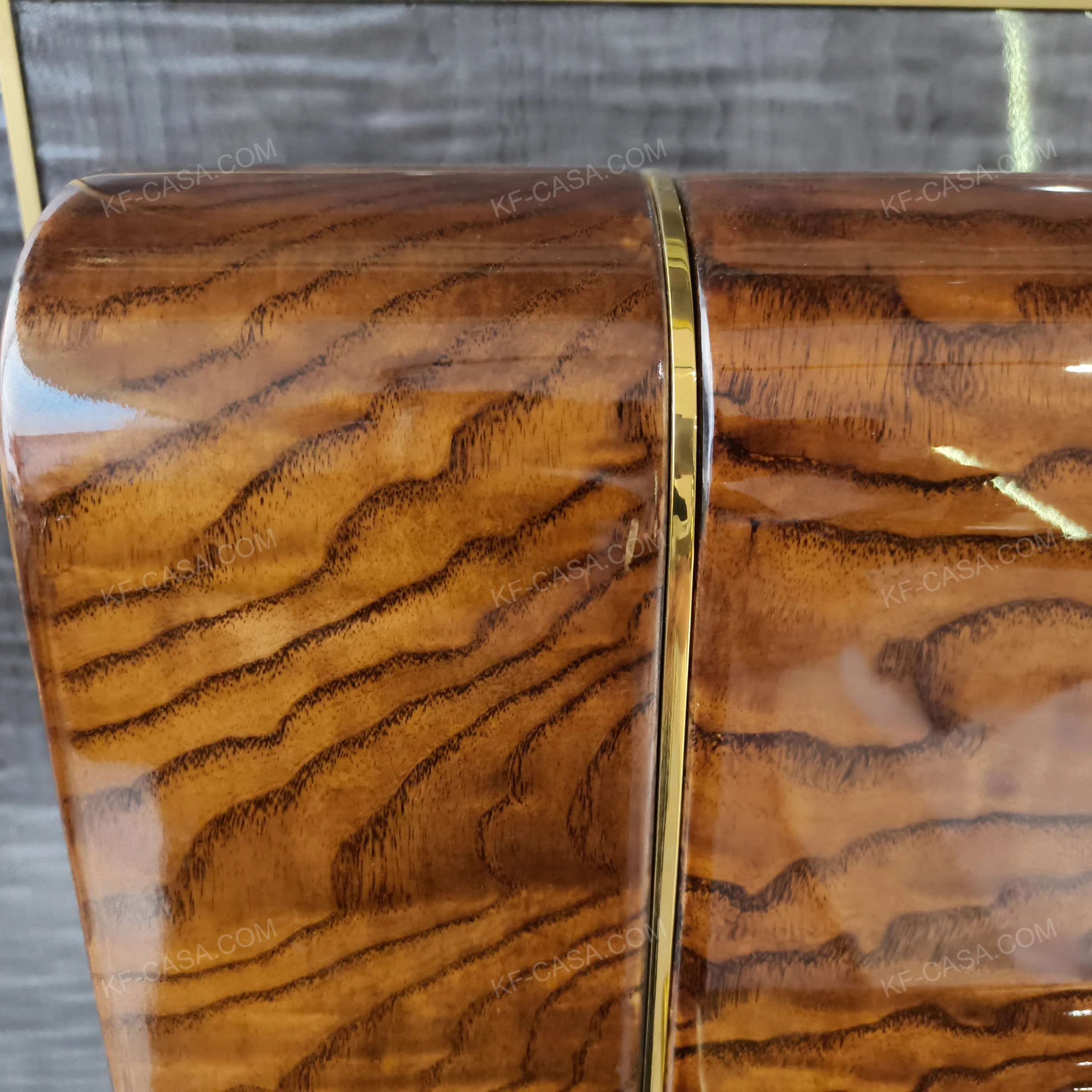 Natural Wood Headboard Upholstered Bed with Burgundy Leather Panel, Polished Marble Side Accents & Stainless Steel Hardware